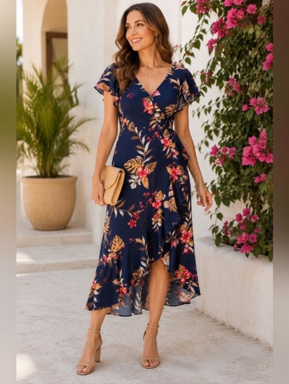 JJs House Navy Floral Midi Dress 12 NWT Ruffle Wrap Tropical Wedding Guest